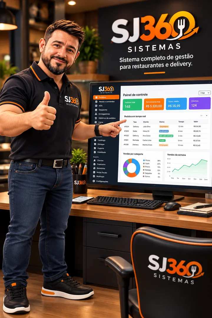 Sérgio mostrando o painel da SJ360 Sistemas no computador